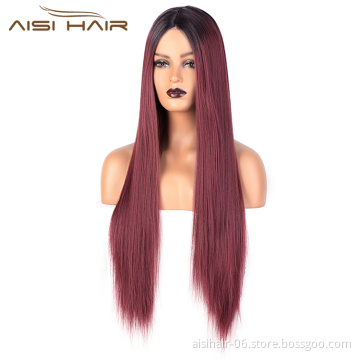 Aisi Hair Long Ombre Red Dark Root Wig Silky Straight Lace Frontal Wig Middle Part Synthetic Front Lace Hair Wigs For Women